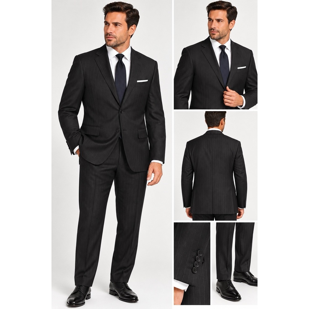 Jos A Bank Signature Gold Gordon Suit 42R Charcoal Pinstripe 100% Wool 2 Piece